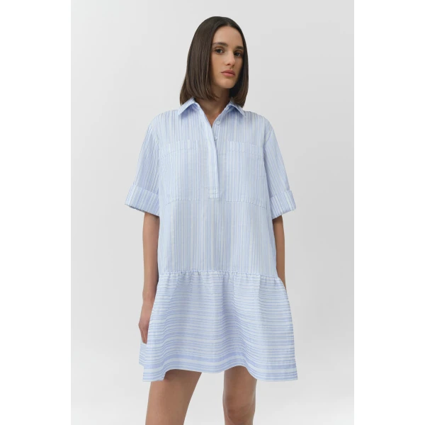 Simkhai Cris Short Sleeve Shirt Dress in Blue Stripe, view 3