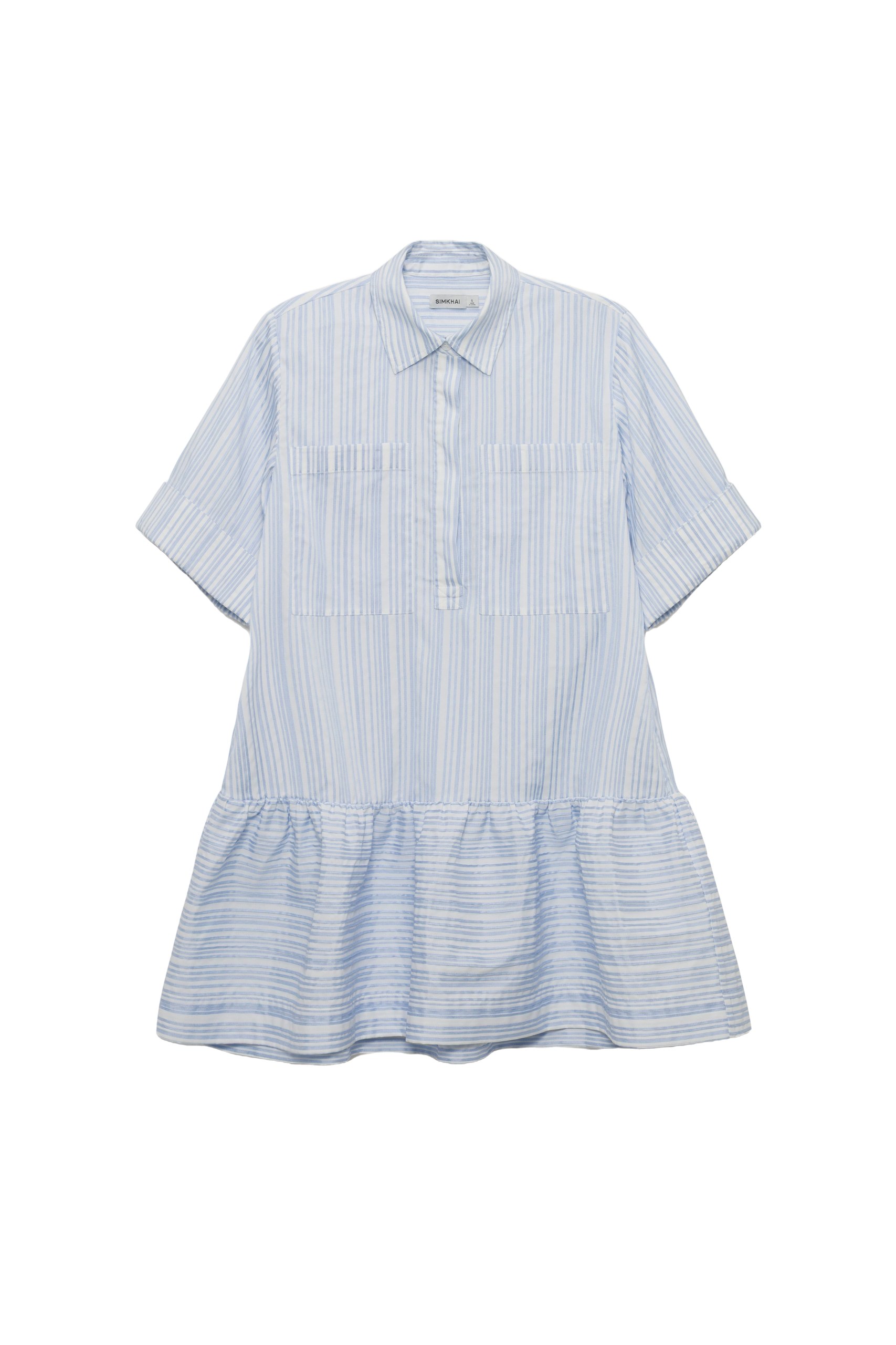 SIMKHAI Cris Short Sleeve Shirt Dress in Blue Stripe