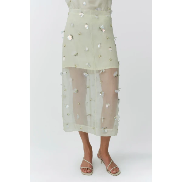Simkhai Delilah Embellished Organza Midi Skirt in Yolk, view 3