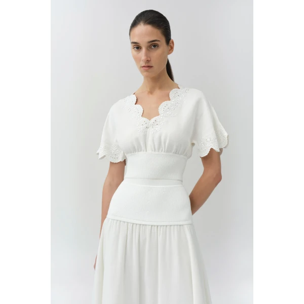 Simkhai Delphina Embroidered Linen Knit Top in White, view 2