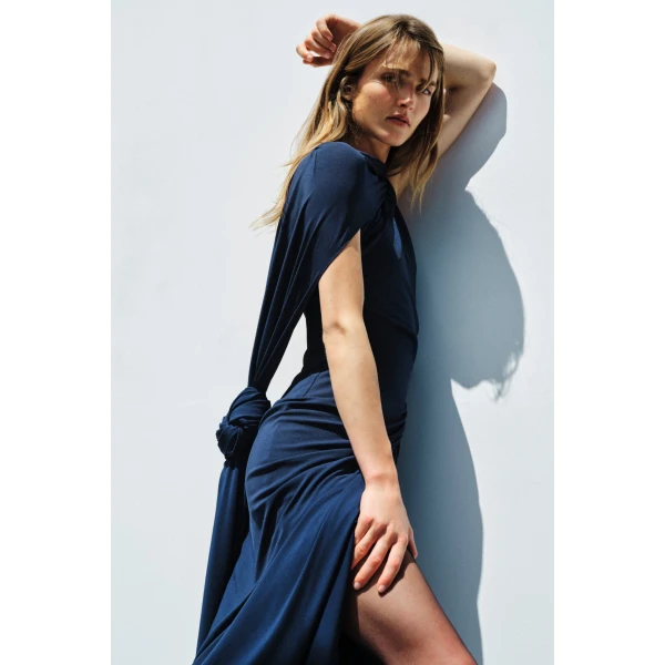 Simkhai Demi Draped Jersey Cape Gown in Midnight, view 6