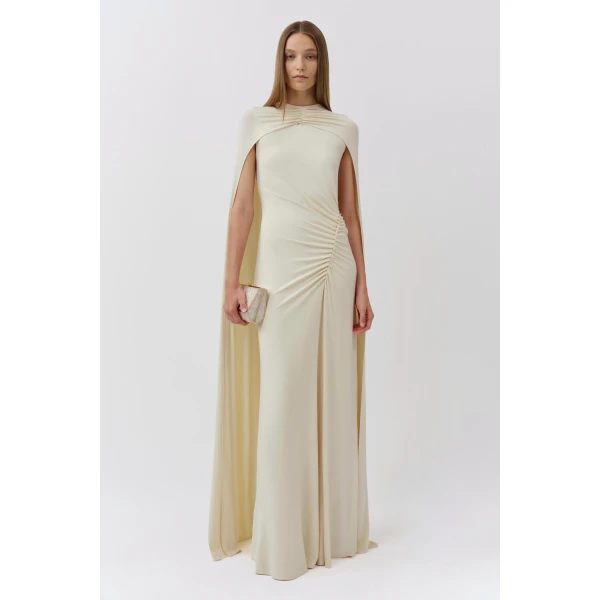 Simkhai Demi Draped Jersey Cape Gown in Yolk, view 2