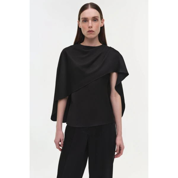 Simkhai Eliora Draped Satin Cape Top in Black, view 2