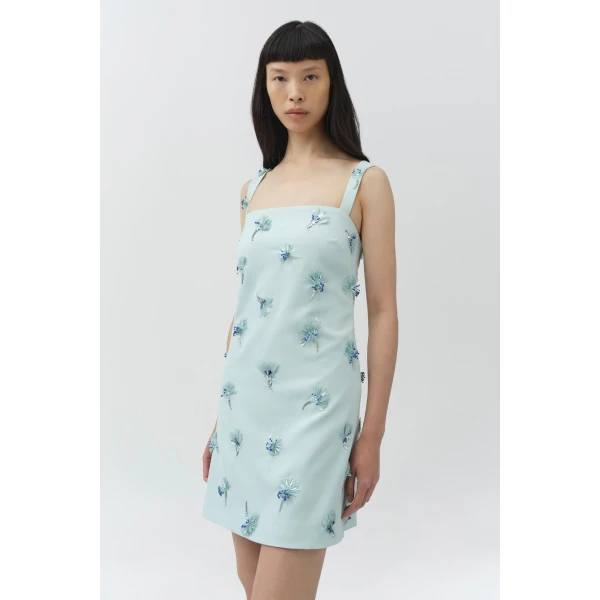 Simkhai Ella Embellished Crepe Mini Dress in Sky, view 3