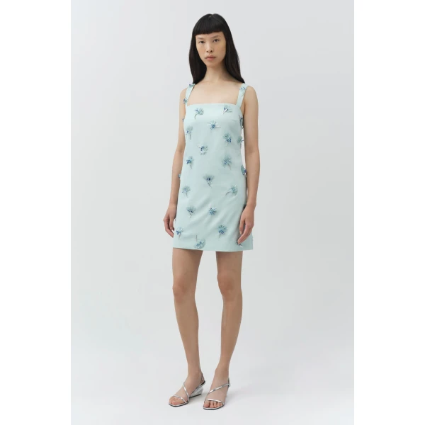 Simkhai Ella Embellished Crepe Mini Dress in Sky, view 4