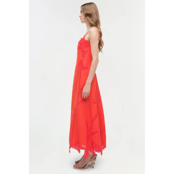 Simkhai Ellery Embroidered Bustier Midi Dress in Lobster, view 4