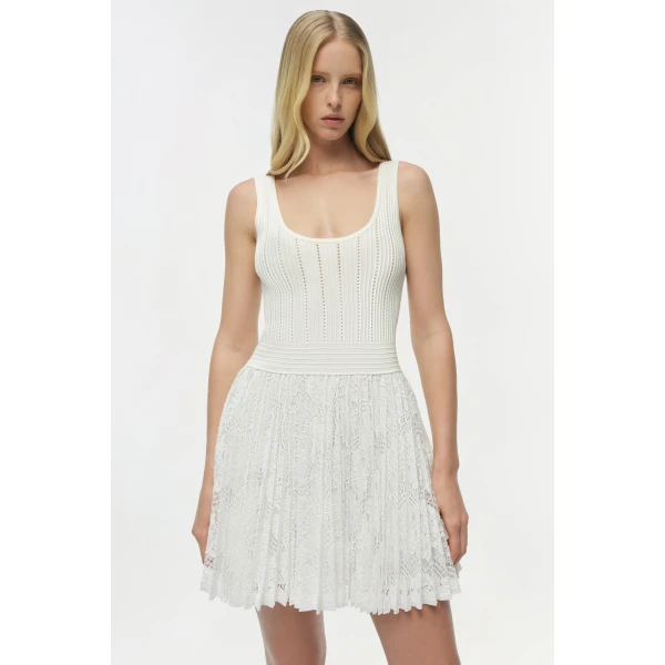 Simkhai Ellis Knit Lace Mini Dress in Ivory, view 3