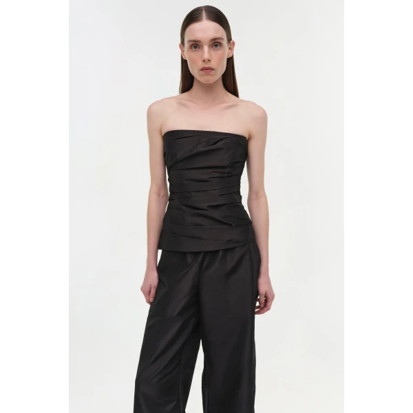 Simkhai Emerson Ruched Taffeta Bustier Top in Black, view 2