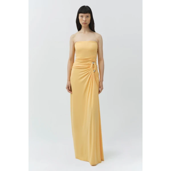 Simkhai Emma Strapless Draped Jersey Bustier Gown in Mango, view 3