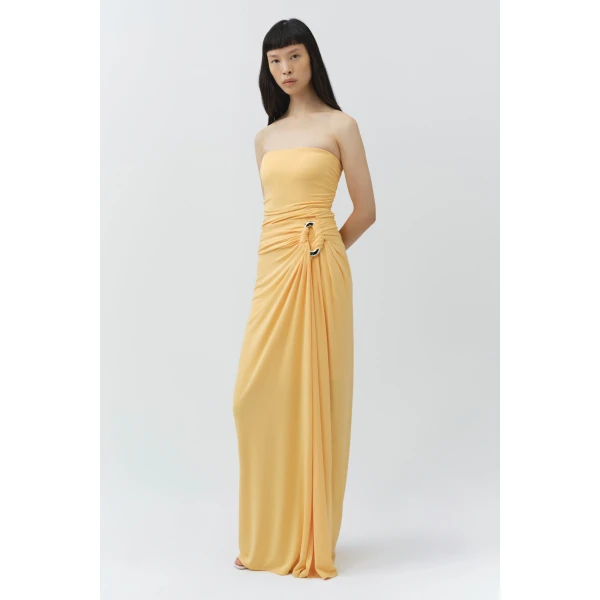 Simkhai Emma Strapless Draped Jersey Bustier Gown in Mango, view 5