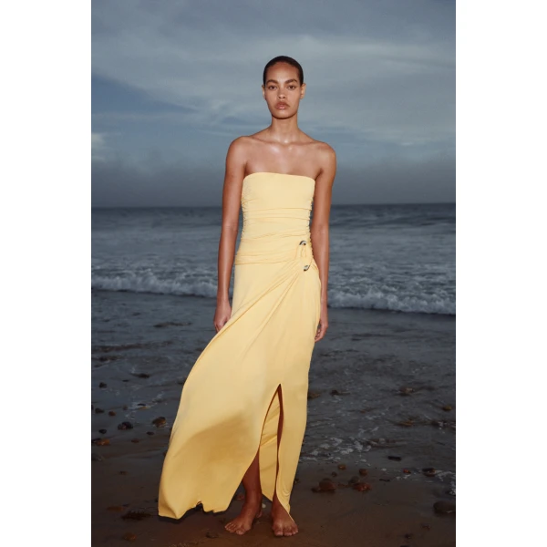Simkhai Emma Strapless Draped Jersey Bustier Gown in Mango, view 6
