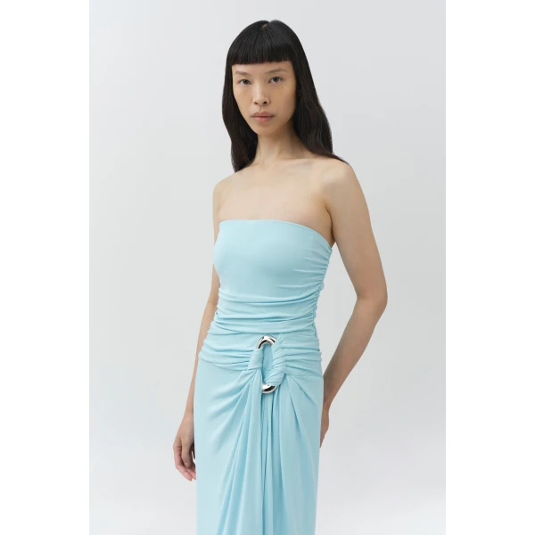 Simkhai Emma Strapless Draped Jersey Bustier Gown in Pool, view 3