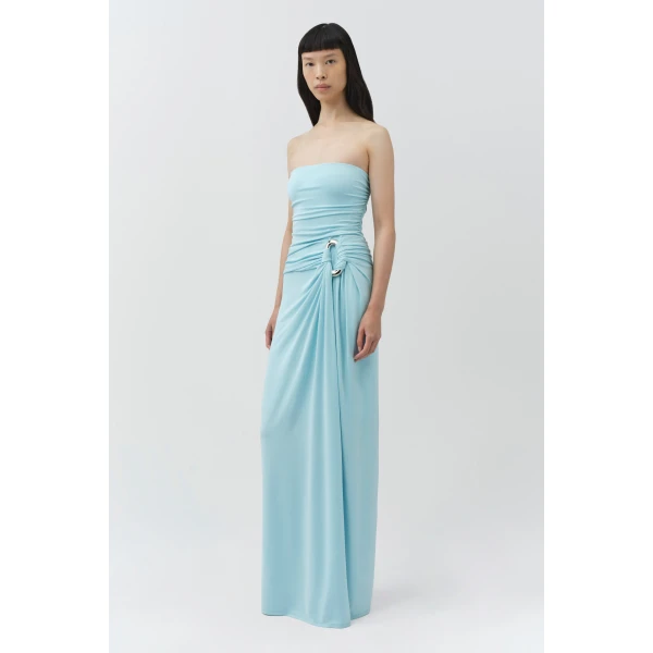 Simkhai Emma Strapless Draped Jersey Bustier Gown in Pool, view 4