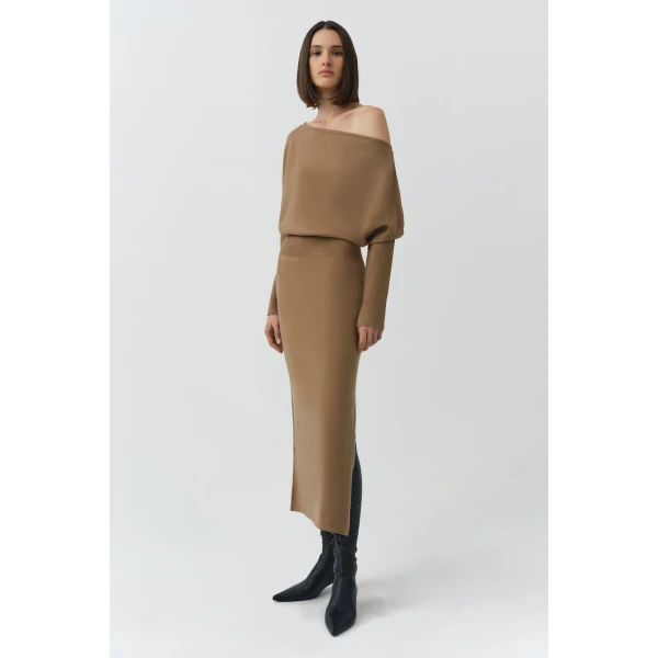 Simkhai Janese Off Shoulder Midi Dress in Camel, view 4