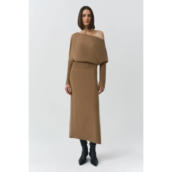 Simkhai Janese Off Shoulder Midi Dress in Camel, view 6