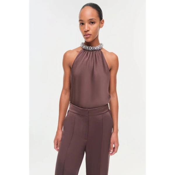 Simkhai Kyra Satin Wide Leg Pant in Chocolate, view 4