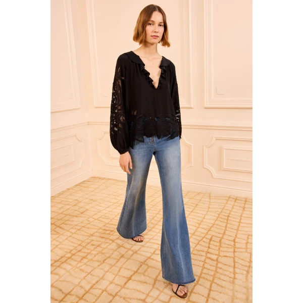 Ulla Johnson Adonis Silk Applique Blouse in Noir, view 2