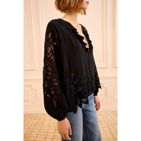 Ulla Johnson Adonis Silk Applique Blouse in Noir, view 3