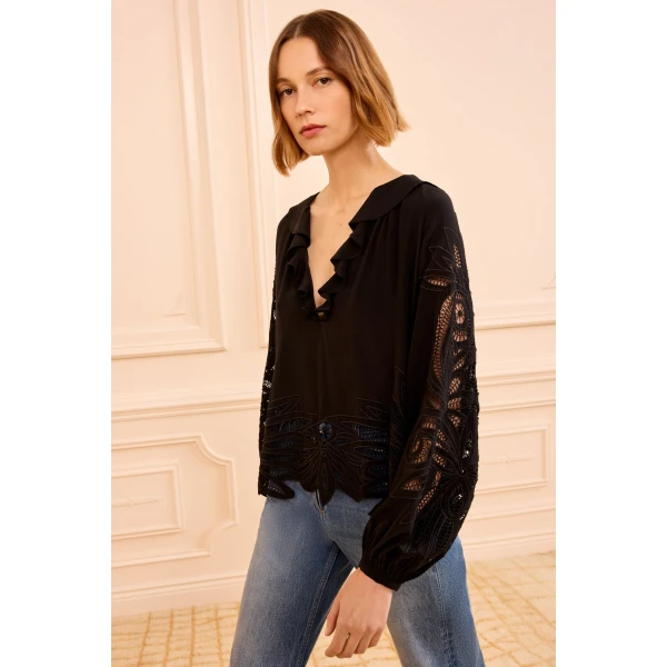 Ulla Johnson Adonis Silk Applique Blouse in Noir, view 4