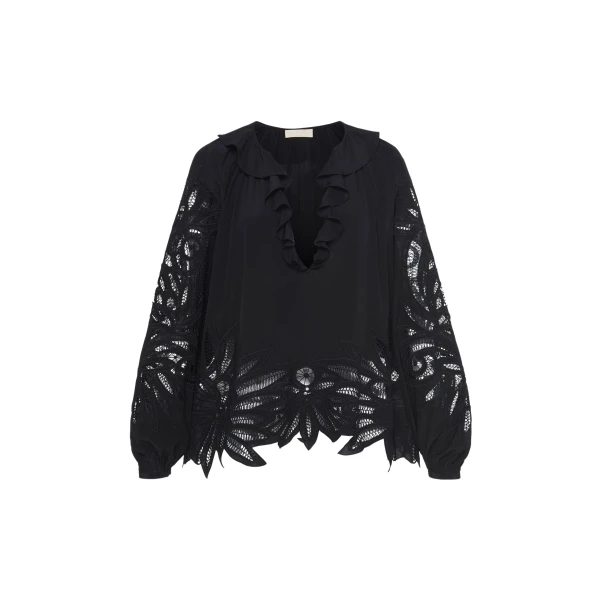 Ulla Johnson Adonis Silk Applique Blouse in Noir