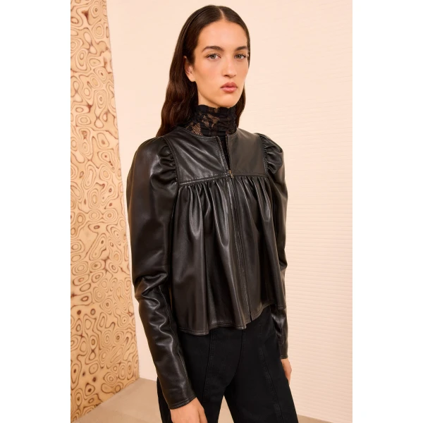Ulla Johnson Anouk Zip Up Leather Jacket in Noir, view 4