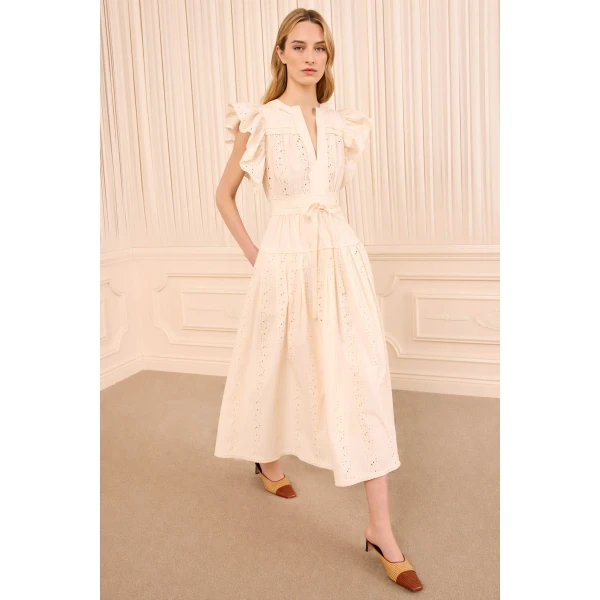 Ulla Johnson Dani Short Sleeve Cotton Dress in Pearled Ivory, view 2