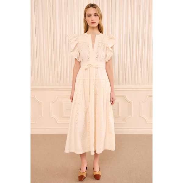 Ulla Johnson Dani Short Sleeve Cotton Dress in Pearled Ivory, view 4