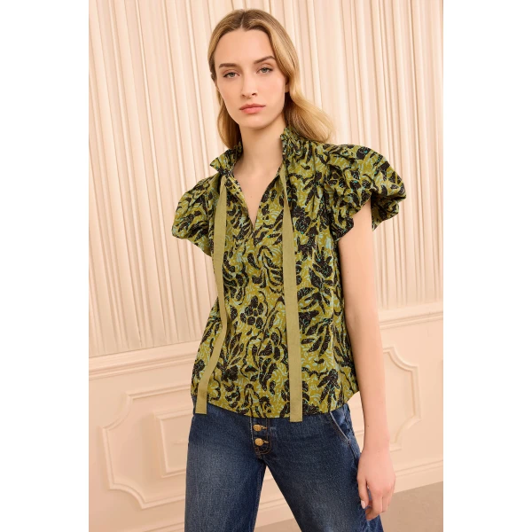 Ulla Johnson Estela Short Sleeve Cotton Top in Chartreuse, view 2