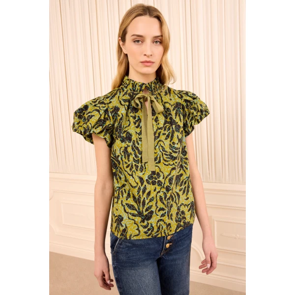 Ulla Johnson Estela Short Sleeve Cotton Top in Chartreuse, view 4