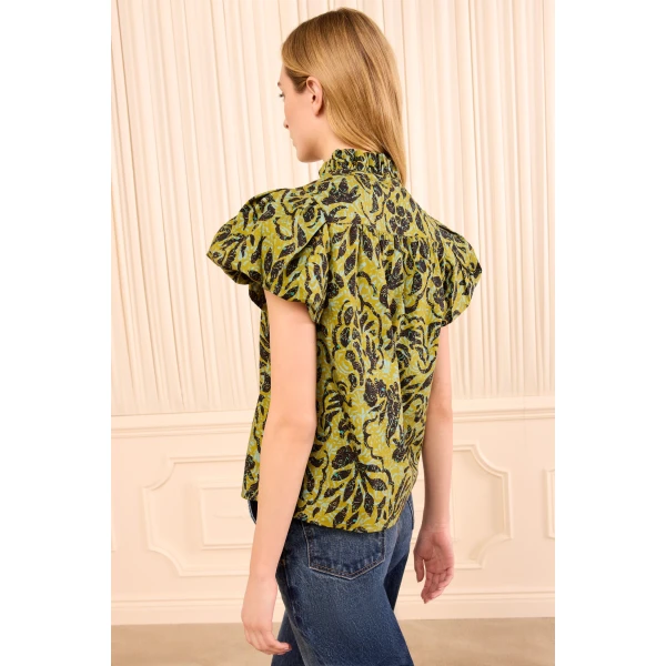 Ulla Johnson Estela Short Sleeve Cotton Top in Chartreuse, view 5
