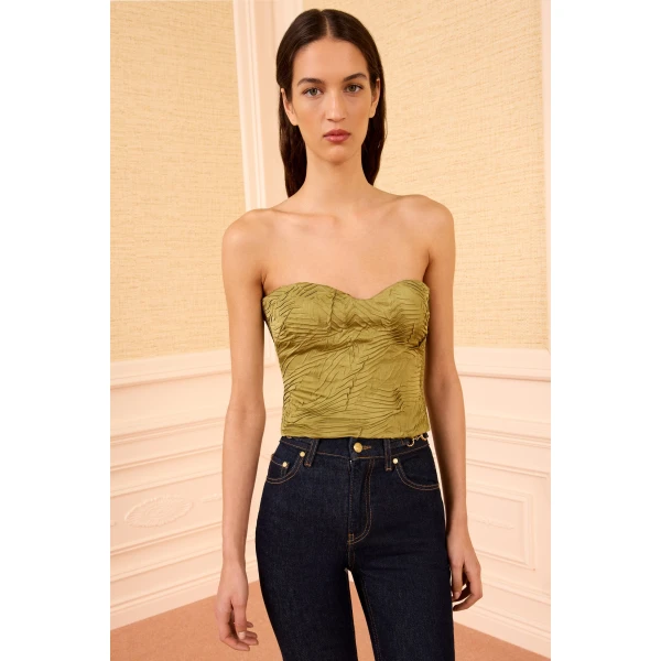 Ulla Johnson Heleen Satin Cropped Bustier Top in Moss Gold, view 2