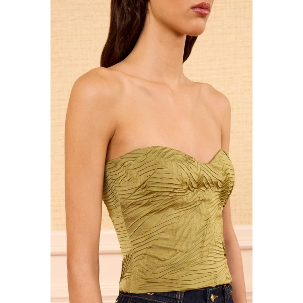 Ulla Johnson Heleen Satin Cropped Bustier Top in Moss Gold, view 3