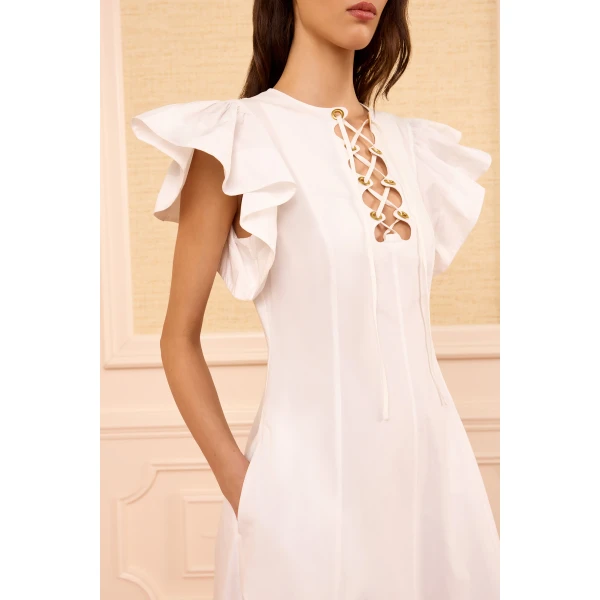 Ulla Johnson Odessa Cotton Dress with Lace Up in Cowrie, view 3