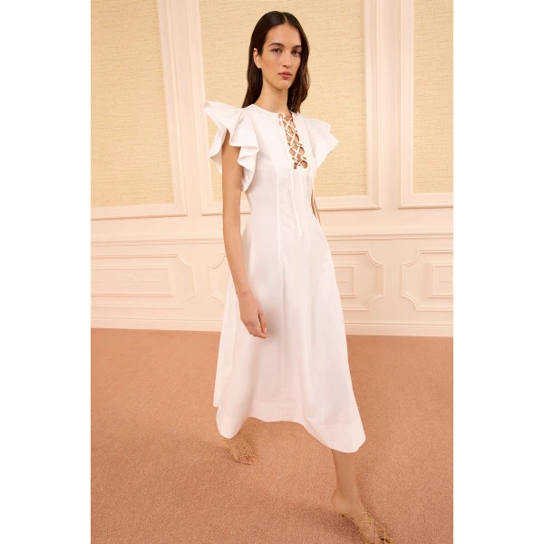 Ulla Johnson Odessa Cotton Dress with Lace Up in Cowrie, view 4