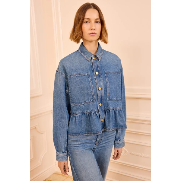 Ulla Johnson The Arquette Denim Peplum Jacket in Danube, view 2