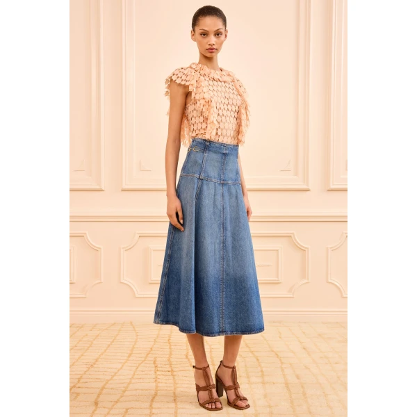 Ulla Johnson The Brigette Denim Midi Skirt in Danube, view 2