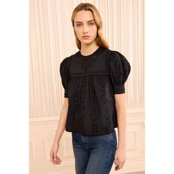 Ulla Johnson Una Short Sleeve Cotton Top in Noir, view 2