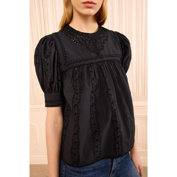 Ulla Johnson Una Short Sleeve Cotton Top in Noir, view 3