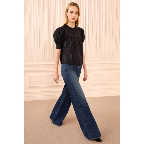 Ulla Johnson Una Short Sleeve Cotton Top in Noir, view 4
