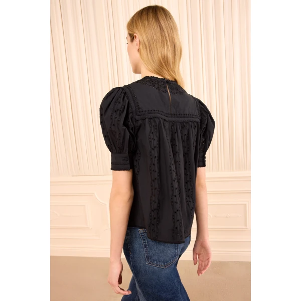 Ulla Johnson Una Short Sleeve Cotton Top in Noir, view 5