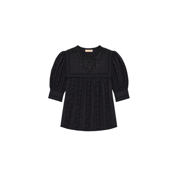 Ulla Johnson Una Short Sleeve Cotton Top in Noir