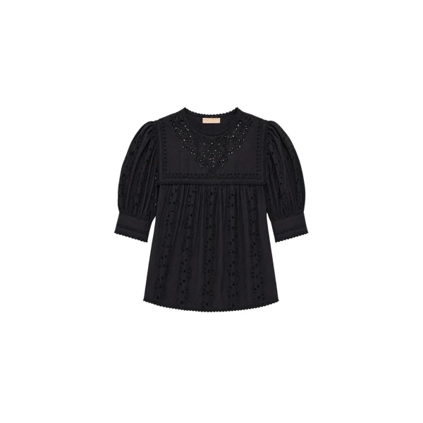 Ulla Johnson Una Short Sleeve Cotton Top in Noir
