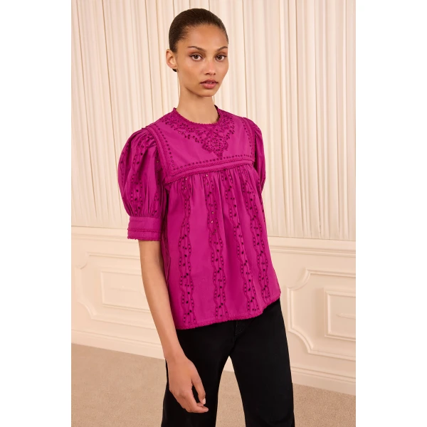 Ulla Johnson Una Short Sleeve Cotton Top in Orchid, view 2