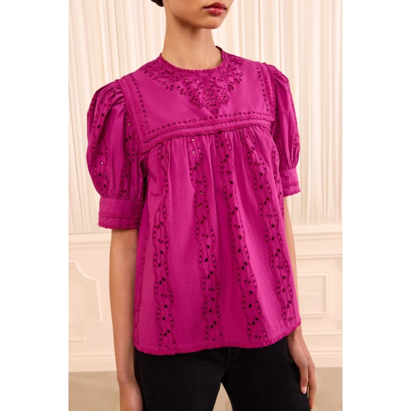 Ulla Johnson Una Short Sleeve Cotton Top in Orchid, view 3