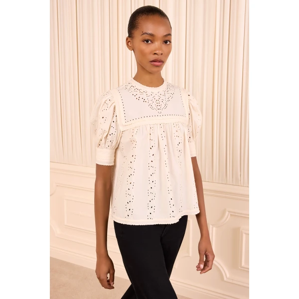 Ulla Johnson Una Short Sleeve Cotton Top in Pearled Ivory, view 2