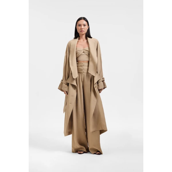 Viktor & Rolf Dragged Linen-Silk Blend Trenchcoat in Beige Coat, view 2
