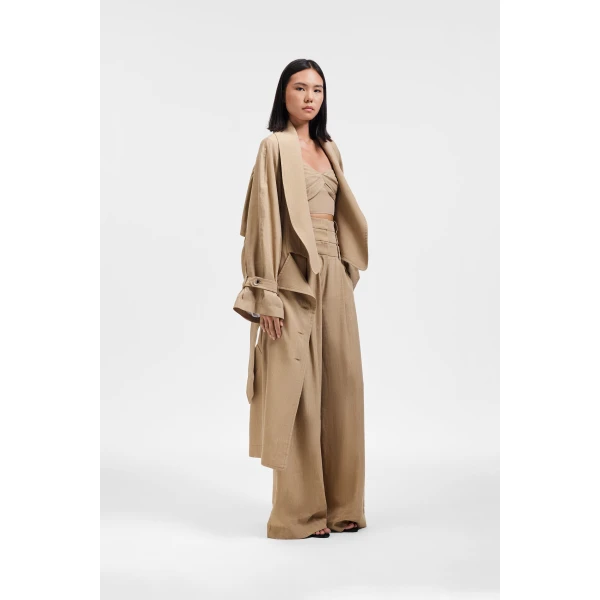 Viktor & Rolf Dragged Linen-Silk Blend Trenchcoat in Beige Coat, view 4
