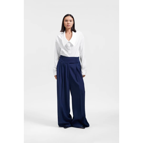 Viktor & Rolf Dragged Linen-Silk Blend Trousers in Dark Blue, view 2