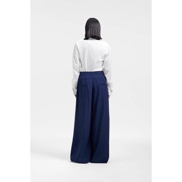 Viktor & Rolf Dragged Linen-Silk Blend Trousers in Dark Blue, view 3