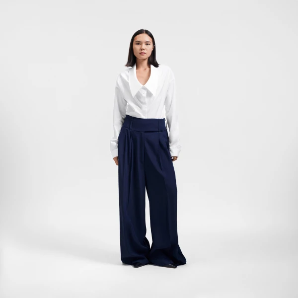 Viktor & Rolf Dragged Linen-Silk Blend Trousers in Dark Blue, view 5